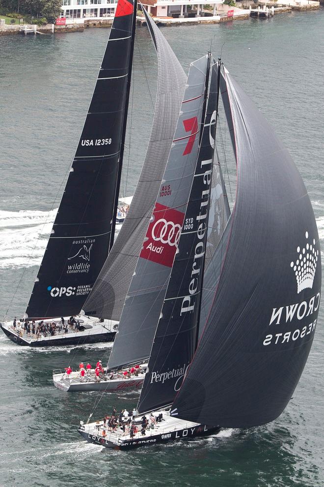 Close contest: Perpetual Loyal (Anthony Bell), Wild Oats XI (Bob Oatley AO) and Comanche (Jim and Kristy Clark) during yesterday’s SOLAS Big Boat Challenge.  © Andrea Francolini http://www.afrancolini.com/